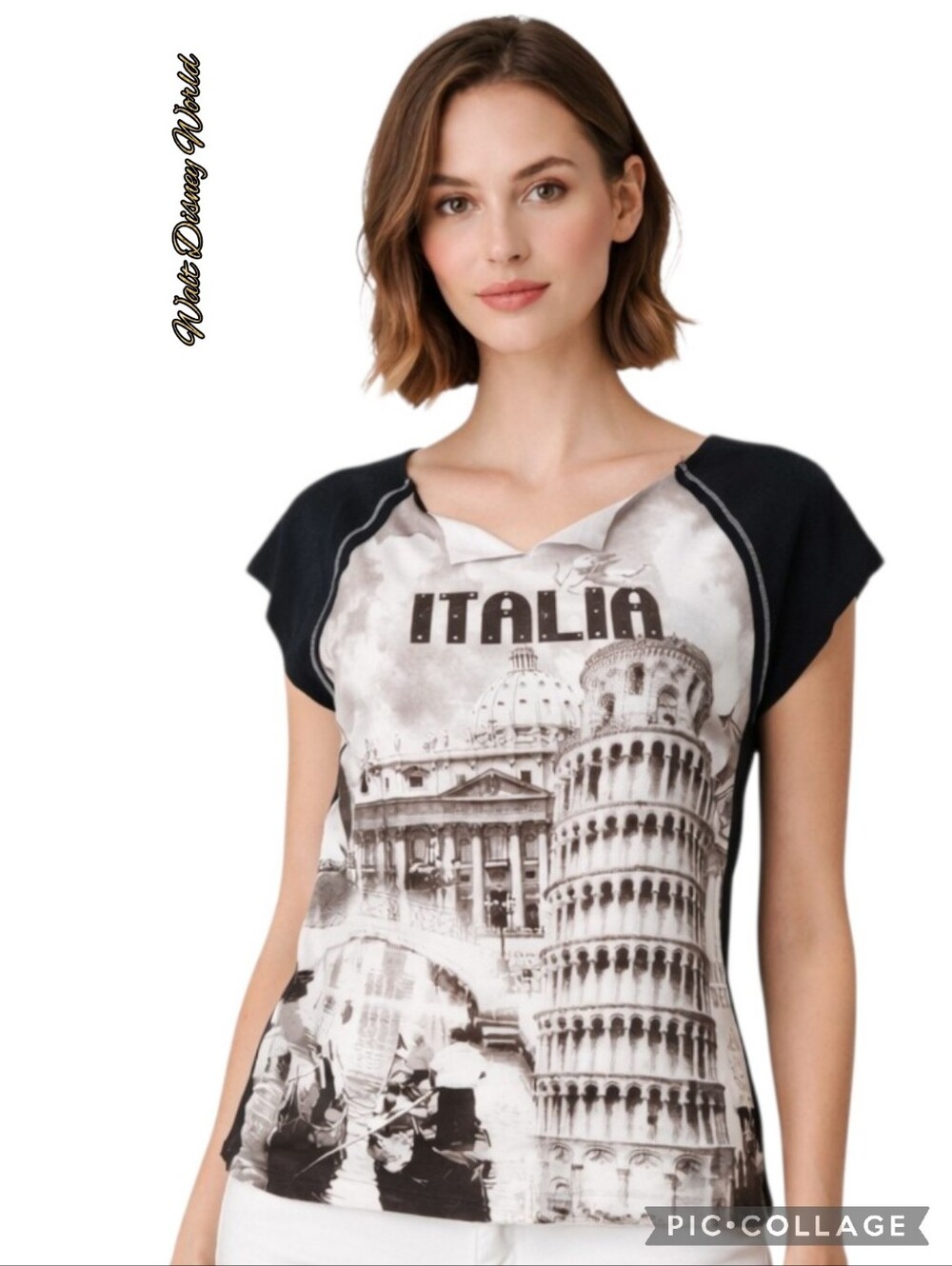 Walt Disney World Italia t-shirt top blk white brown Italy scene ss sz xlrg